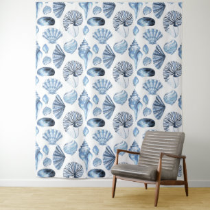 Seashells Pattern in Blue Beach House Wandkleed