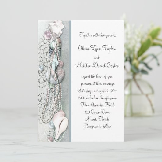Seashells Pearls Beach invitations de mariage (Debout devant)