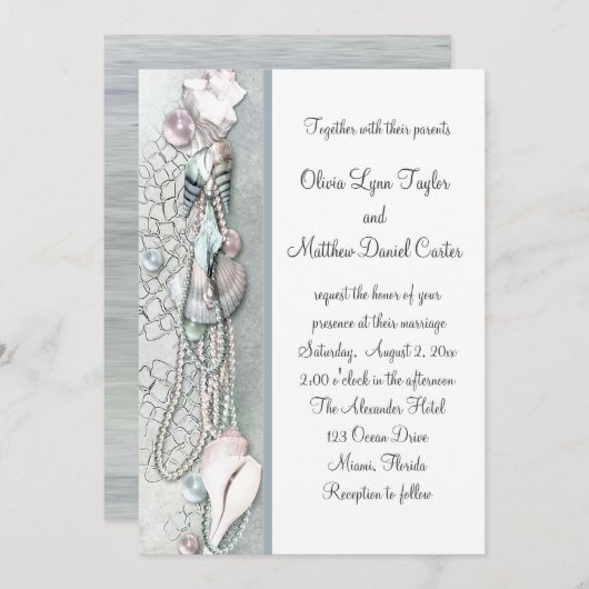 Seashells Pearls Beach invitations de mariage (Devant / Derrière)