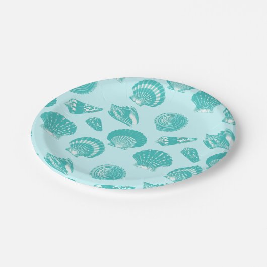 Seashells - zachte aqua en wit papieren bordje (Gekanteld)