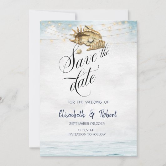Seashells, Zee, String Lichten Save The Date (Voorkant)