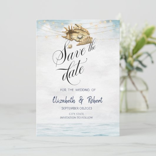 Seashells, Zee, String Lichten Save The Date (Staand voorkant)