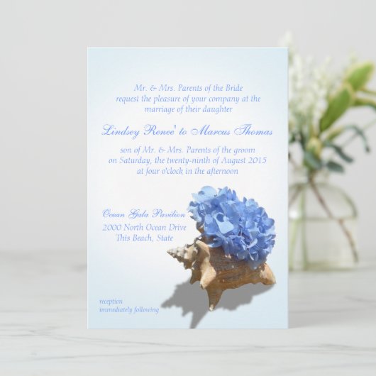 Seashore Hydrangea en Shell Wedding Kaart (Staand voorkant)
