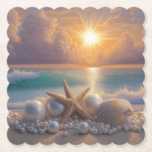 Seashore Ocean Sunset Seashells Pearls Kartonnen Onderzetters (Voorkant)
