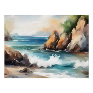 Seashore Waterverf Schilderen Achtergrond Art Desi Perfect Poster
