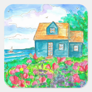 Seaside Cottage Sailing Waterverf Vierkante Sticker