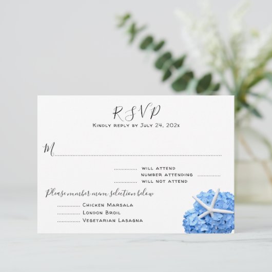 Seaside Garden Blue Menu Entrées RSVP-kaart (Staand voorkant)