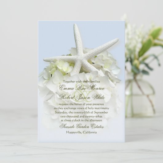 Seaside Garden Witte Bloemen bruiloft uitnodiging (Staand voorkant)