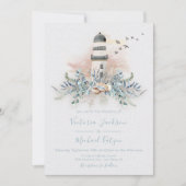 Seaside Lighthouse Beach Invitations de mariage (Devant)