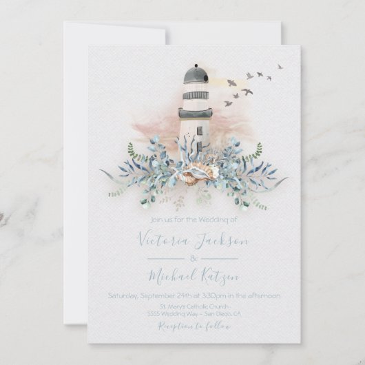 Seaside Lighthouse Beach Invitations de mariage (Devant)