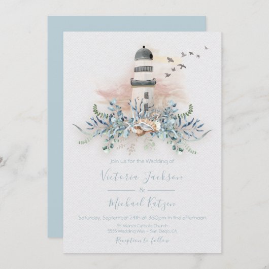 Seaside Lighthouse Beach Uitnodigingen voor bruilo (Voorkant / Achterkant)
