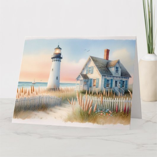 Seaside Lighthouse & Cottage Waterverf Scene Bedankkaart (Voorkant)
