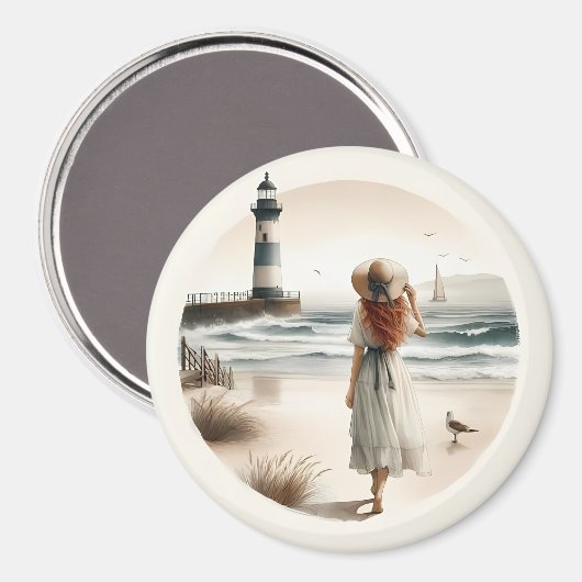Seaside Lighthouse Stroll Magnet Magneet (Voorkant / Achterkant)