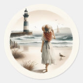 Seaside Lighthouse Stroll Ronde Sticker (Voorkant)