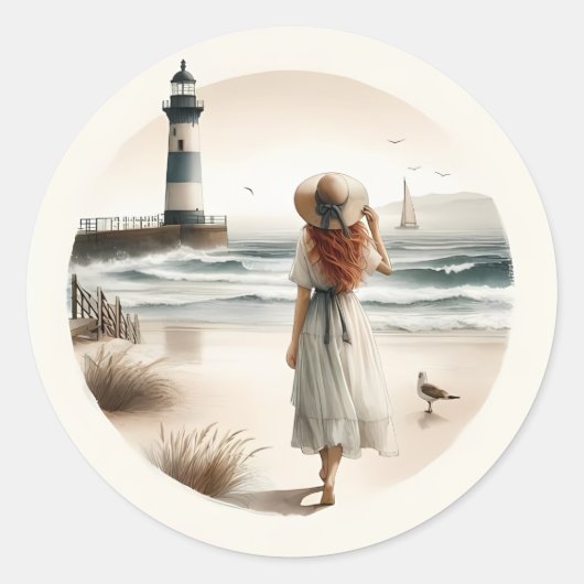 Seaside Lighthouse Stroll Ronde Sticker (Voorkant)