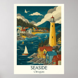 Seaside Oregon Beach Lighthouse Travel Art Poster