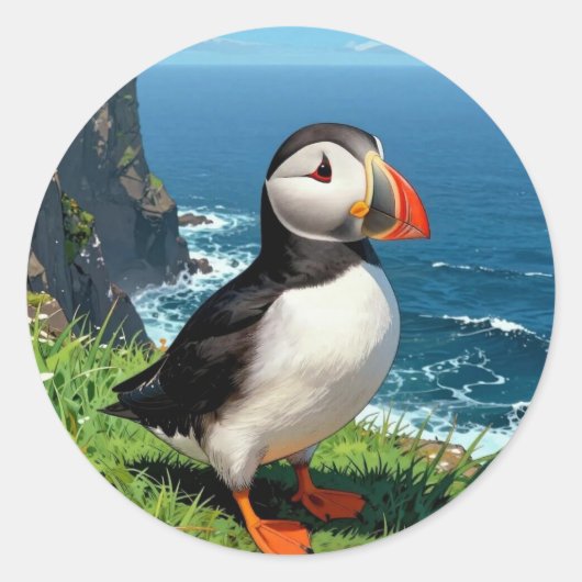 Seaside Puffin Illustration   Ronde Sticker (Voorkant)