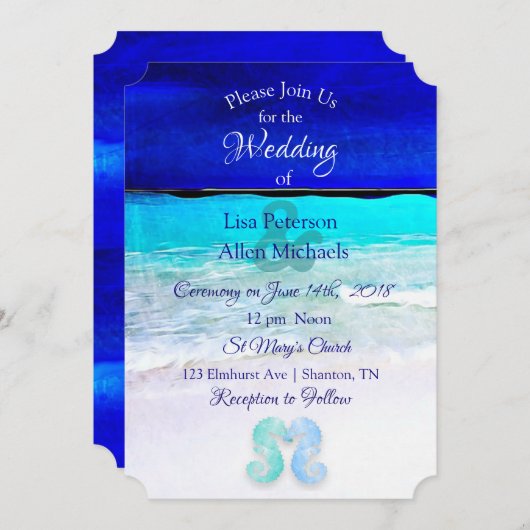 Seaside Seahorses Blue Beach Invitations de mariag (Devant / Derrière)