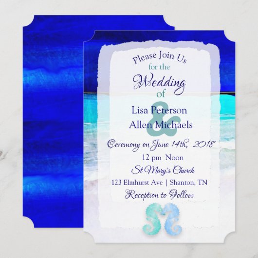 Seaside Seahorses Blue Beach Invitations de mariag (Devant / Derrière)