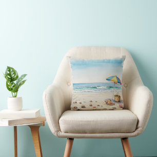 Seaside Serenity: Waterverf Beach Bliss Kussen