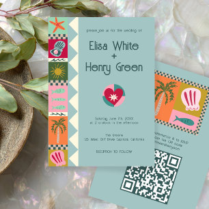 Seaside Soiree Modern Schattige CUSTOM QR Wedding Kaart