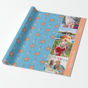 Seaside Stars en Muzieknoten Happy Birthday Foto Cadeaupapier