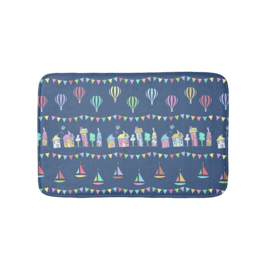 Seaside Town Sail Boats and Bunting Pattern Blue Badmat (Voorkant)