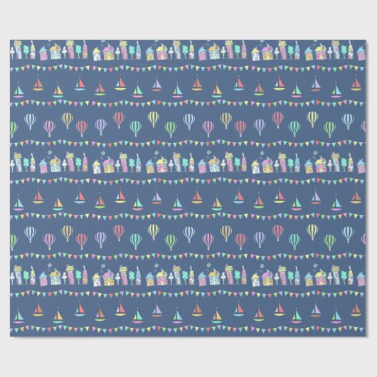 Seaside Town Sail Boats and Bunting Pattern Blue Cadeaupapier (Vlak)