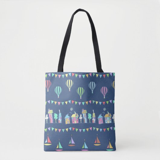 Seaside Town Sail Boats and Bunting Pattern Blue Draagtas (Voorkant)
