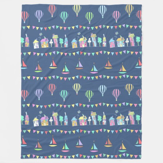 Seaside Town Sail Boats and Bunting Pattern Blue Fleece Deken (Voorkant)