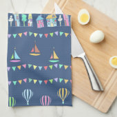 Seaside Town Sail Boats and Bunting Pattern Blue Theedoek (Quarter Fold)