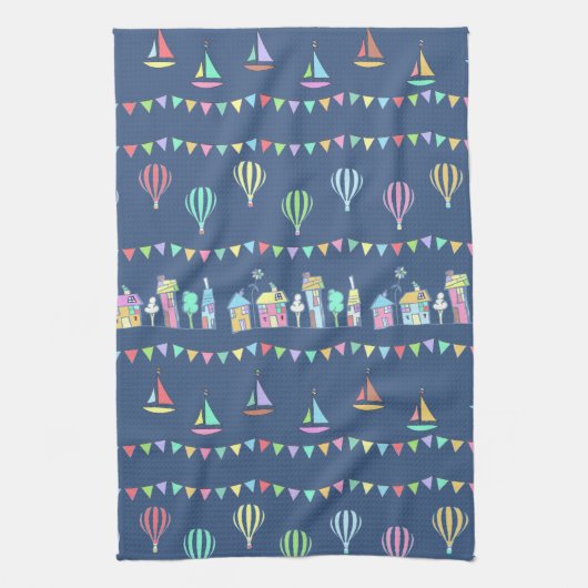 Seaside Town Sail Boats and Bunting Pattern Blue Theedoek (Verticaal)