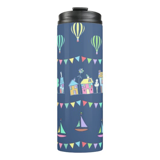 Seaside Town Sail Boats and Bunting Pattern Blue Thermosbeker (Voorkant)