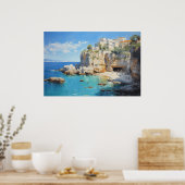 Seaside Village op de Cliffs Oil Painting Poster (Keuken)