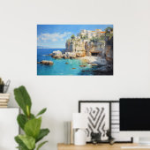 Seaside Village op de Cliffs Oil Painting Poster (Thuiskantoor)