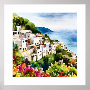 SEASIDE VILLAGE OUDE WERELD ARCHITECTUUR WATERVERF POSTER