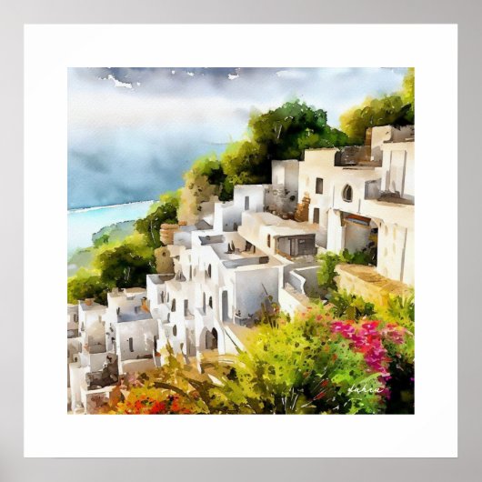 SEASIDE VILLAGE OUDE WERELD ARCHITECTUUR WATERVERF POSTER (Voorkant)