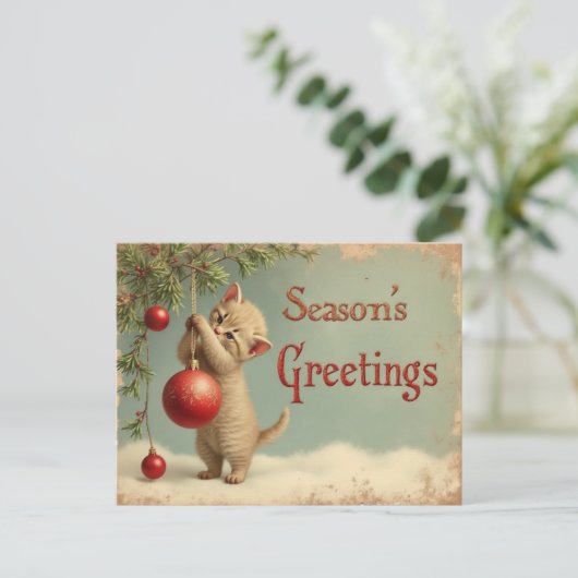 Season’s Greetings Kitten Postcard – Add Your Text Feestdagenkaart (Staand voorkant)