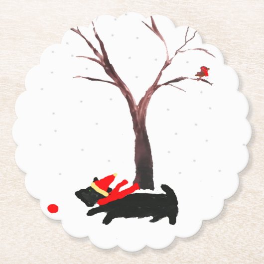 Seasonal Art Scottie Dog Robin Kartonnen Onderzetters (Voorkant)