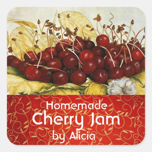 SEASON'S FRUITS CHERRIES , CHERRY JAM Preserve Jar Vierkante Sticker (Voorkant)
