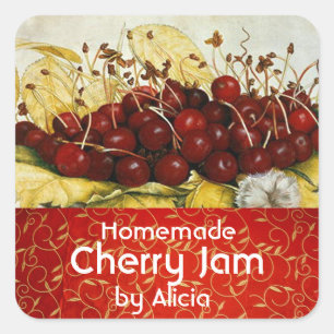 SEASON'S FRUITS CHERRIES , CHERRY JAM Preserve Jar Vierkante Sticker