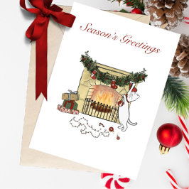 Season's Greetings Fireplace Cat Greeting Card Feestdagen Kaart