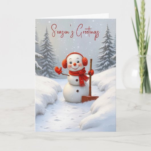 Season's Greetings Snowman with a Red Shovel Kaart (Voorkant)