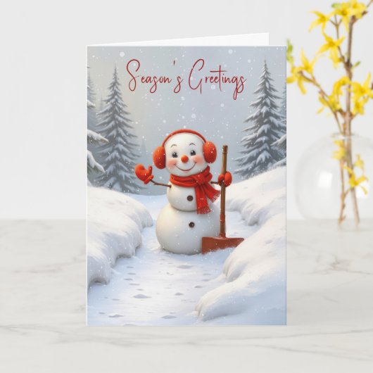Season's Greetings Snowman with a Red Shovel Kaart (Gele Bloem)