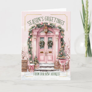 Season's Groeten Nieuw Adres Roze Nieuw Huis Feestdagen Kaart