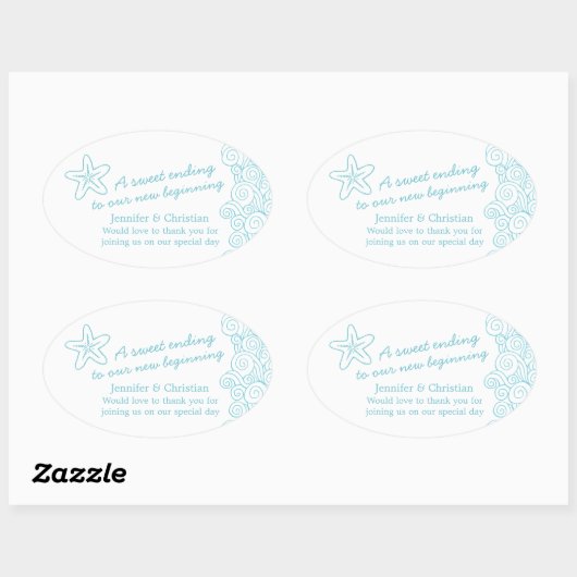 Seastar swirl aqua wit bruiloft snoep stickers (Vel)