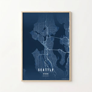 Seattle Blauwe Kaart Afdruk Washington Stad Muurku Poster