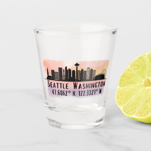 Seattle City Skyline Latitude en Lengtegraad Shot Glas (Voorkant)