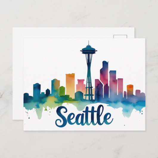Seattle City waterverf Skyline Briefkaart (Voorkant / Achterkant)