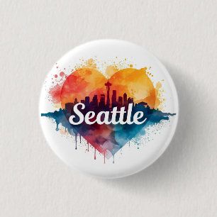 Seattle City waterverf Skyline Ronde Button 3,2 Cm